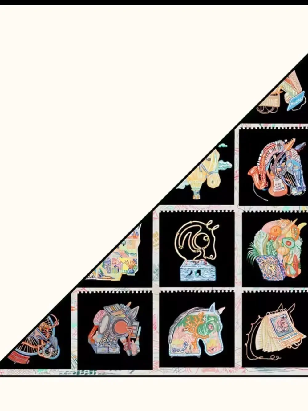 Silk Scarf Panel with Colorful Animal Motifs - Black & Cream